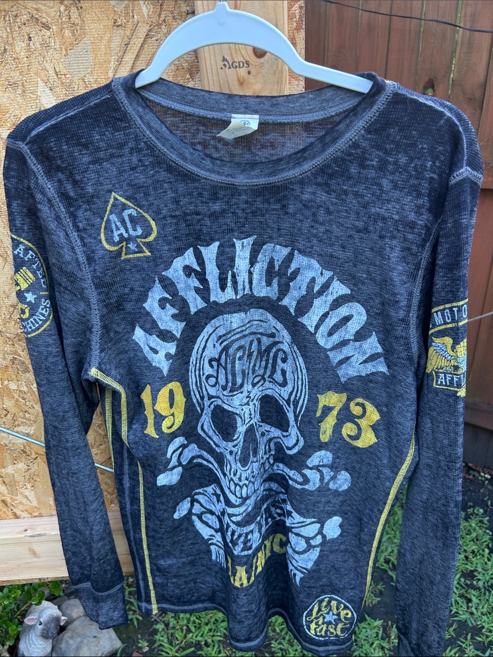 Affliction Washed Black Skull Graphic Long Sleeve Tee with Yellow Accents